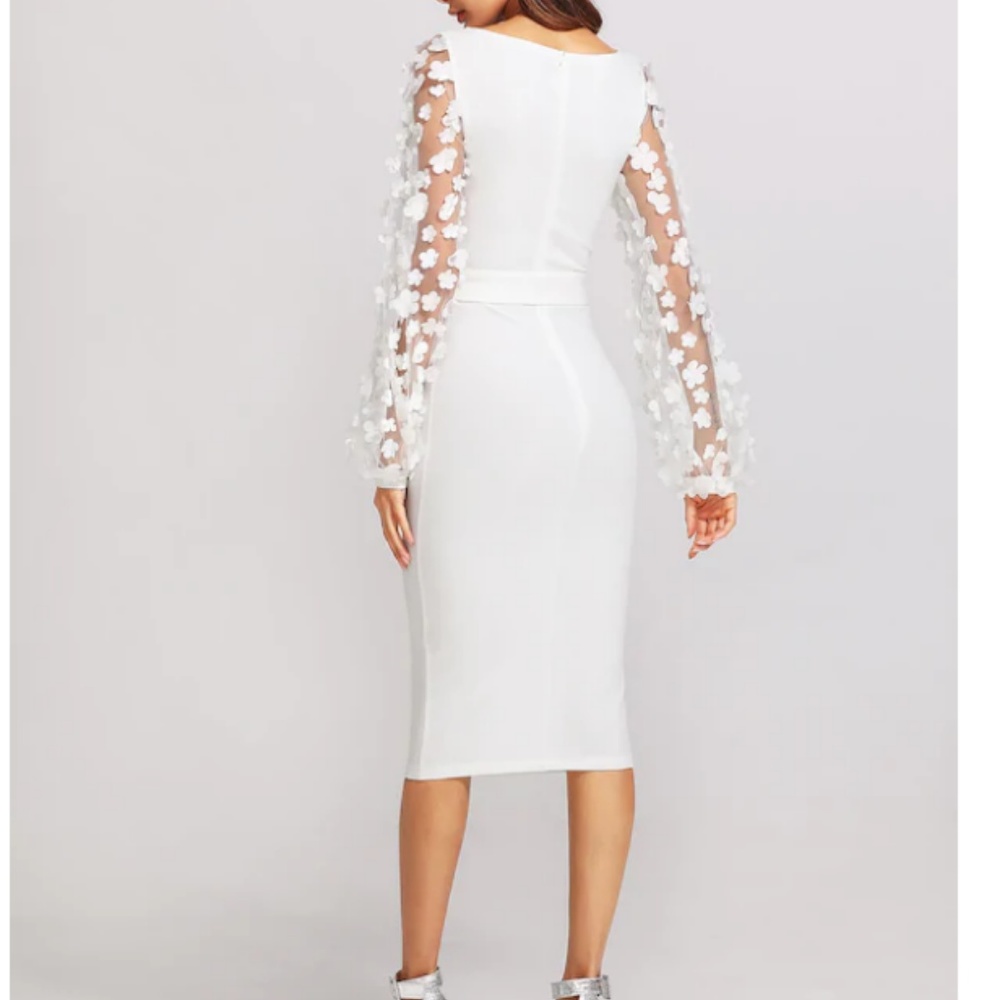 Floral Applique Sheer Bishop Sleeve Belted Dress - Picture 3 of 7